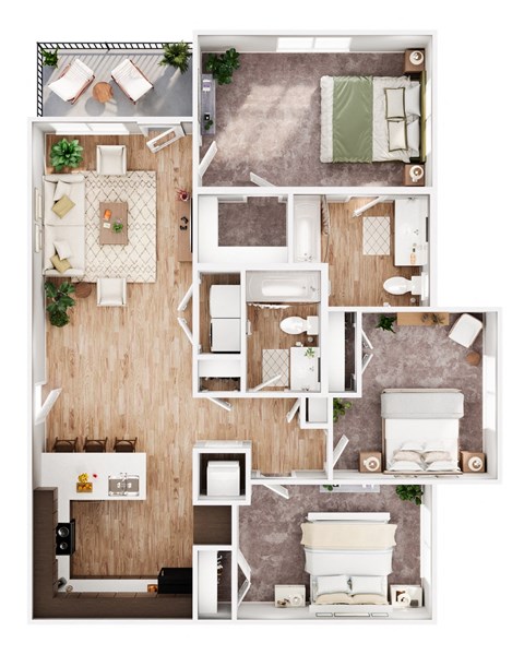 Floor plan for 3 beds, 2 baths, 1140 sqft